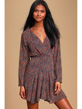 Lulus Marlow Navy Blue Red Floral Print Long Sleeve Backless Romper Dress Size M